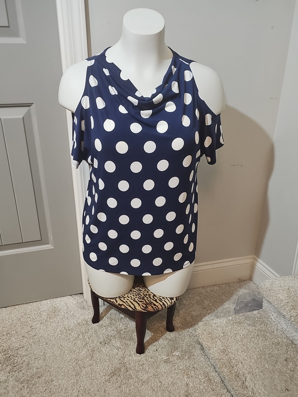 Cato Navy and White Polka Dot Cold-Shoulder Blouse
